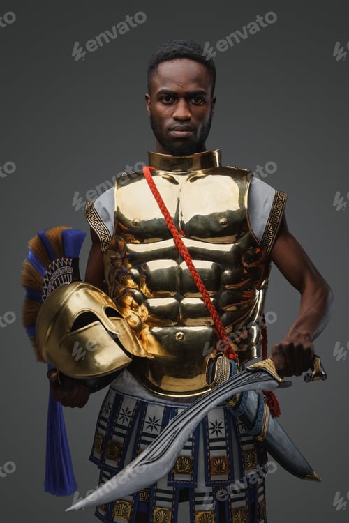 Preview: African warrior from ancient greece against grey background