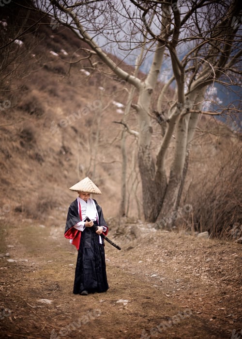Preview: A boy dressed as a samurai stands in the forest