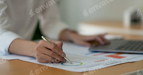 Preview: Bookkeeper or financial inspector hands making report, calculating. Home finances, investment