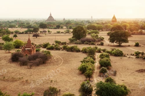Preview: Landscape of Bagan on sunset with temples.
