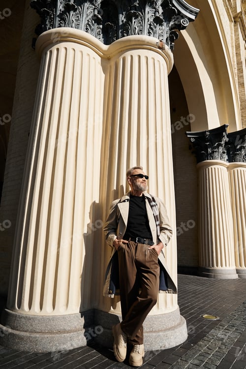 Preview: A handsome senior man confidently leans against towering columns in a stylish urban area.