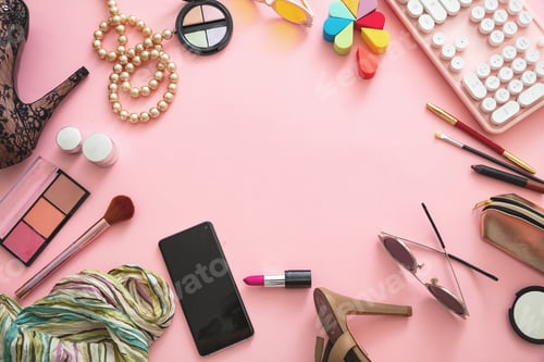 Preview: Fashion female blog. Women accessories against pink color background,