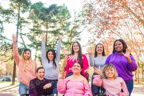 Preview: Greeting gesture, multiethnic group with disability cerebral palsy person. International womens day