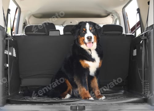 Preview: Bernese mountain dog in car trunk, space for text