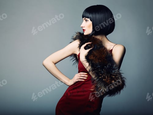 Preview: Elegant Woman in Red Dress with Fur Stole