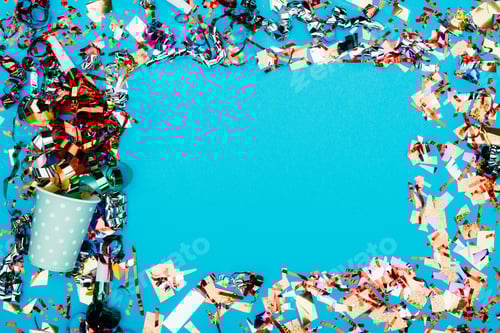 Preview: top view of frame made of confetti with paper cup isolated on blue