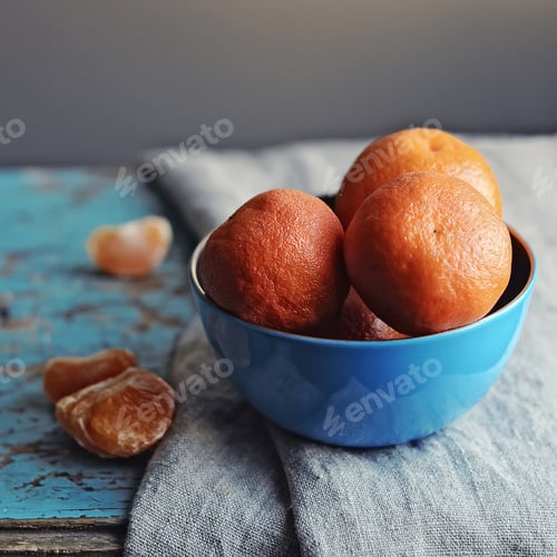 Preview: tangerines in blue bowl