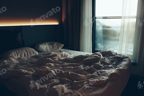 Preview: Early morning in a cozy bedroom. Depth of field. Daily routine. Window. Sleep. Bedroom.