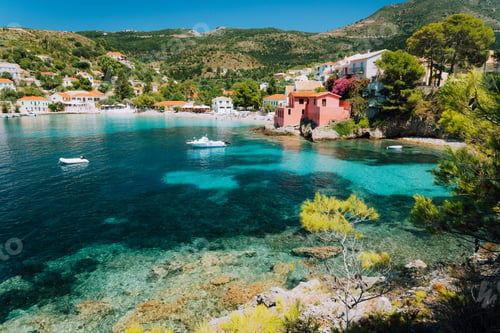 Preview: Assos village, Kefalonia Greece. View to cute bay with vivid colored houses and transparent