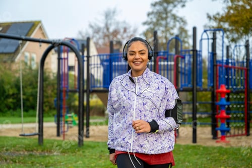 Preview: Healthy woman jogging listening to music at the public park