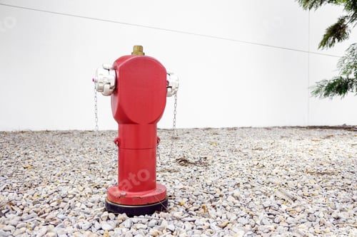 Preview: Red metal fire hydrant on the street in an industrial area for fire safety.
