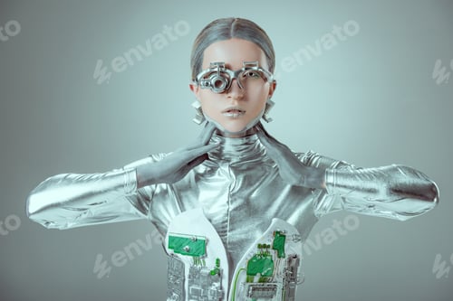 Preview: young woman robot touching neck and looking at camera isolated on grey, future technology concept