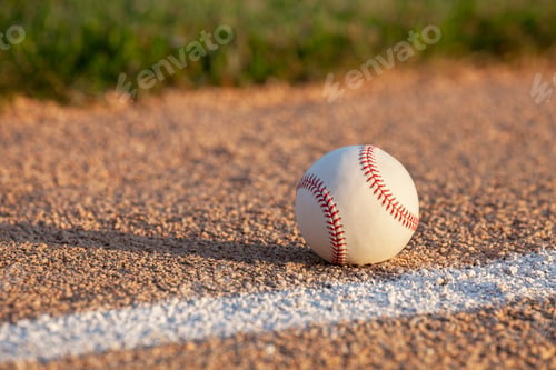Preview: Low angle selective focus view of a baseball on a basepath with white stripe