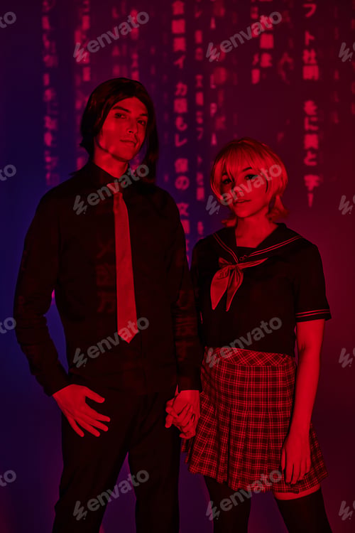 Preview: anime style students in uniform holding hands in red neon light on abstract purple backdrop