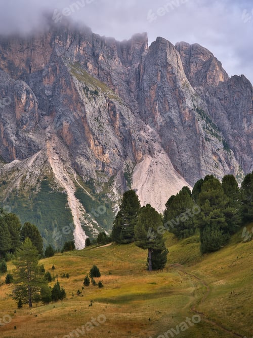 Preview: A majestic rocky mountain in the Dolomites rising above a meadow with trees, Italy