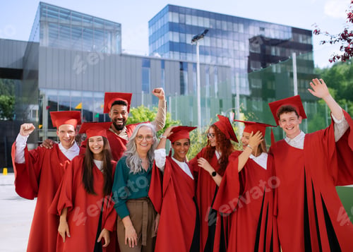 Preview: University students with teacher celebrating outdoors, looking at camera, graduation concept.