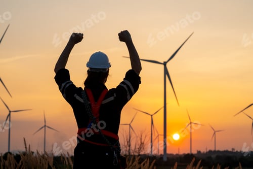 Preview: Sihouette back of engineer or technician man raise hands up look like happy action and windmill