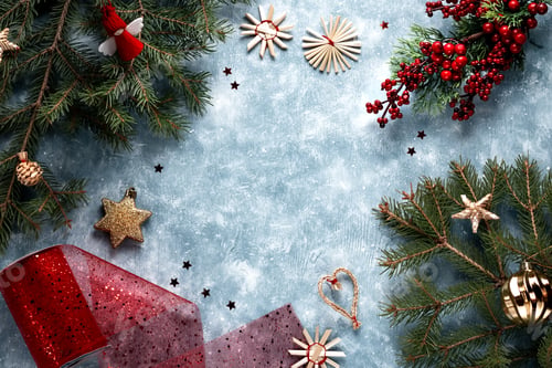 Preview: Christmas frame with pine branches and red decor, copy space