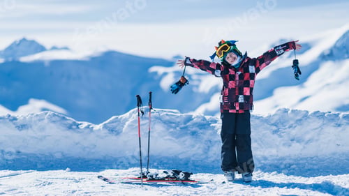Preview: Child on Top of the Mountain, Smiling, Enjoying Winter