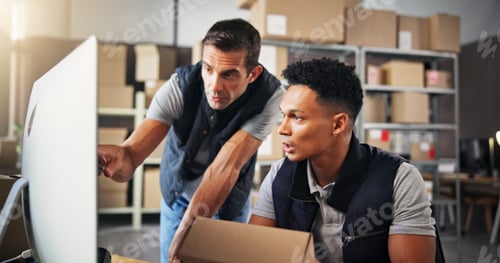 Preview: People, check and computer with box for distribution of inventory management, online order and stoc