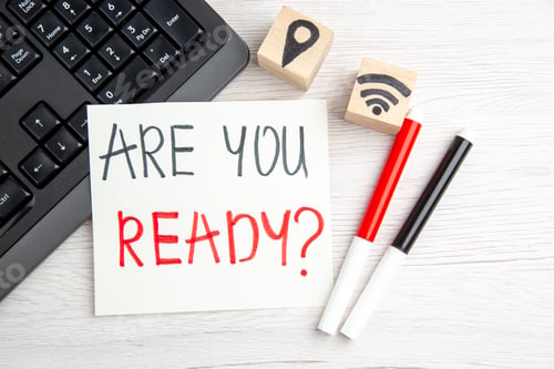 Preview: top view are you ready motivation note on white background color schedule regime business job