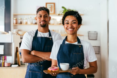 Preview: Barista and waiter working in a bar cafeteria shop