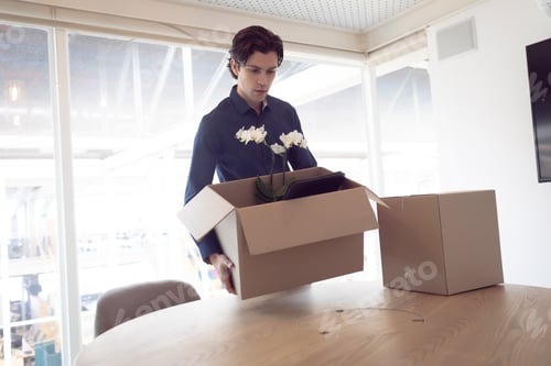 Preview: Side view of smart Caucasian male executive holding cardboard box with plant in office