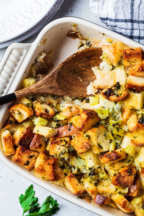 Preview: Traditional Thanksgiving stuffing. Bread casserole with celery.