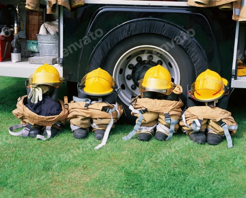 Preview: Child firefighters in gear sitting by a fire truck.