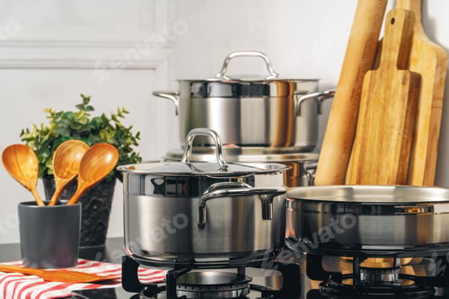 Preview: Clean saucepan on a gas stove in kitchen