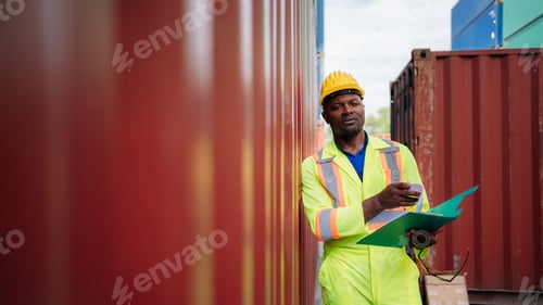 Preview: Foreman checking inventory or task details at Container cargo harbor.