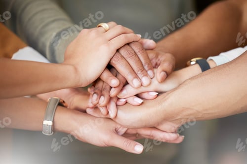 Preview: Office, teamwork and hands in huddle together for team building, collaboration and motivation at st