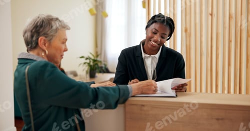 Preview: Spa, woman and client at reception with paperwork, signature and booking for luxury service at hote