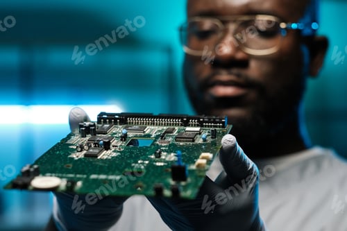 Preview: Circuit board in gloved hands of young African laboratory worker