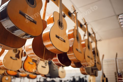 Preview: Rows of acoustic guitars in music store