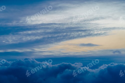 Preview: Panoramic view of bright blue sea, blue sky with fluffy white clouds