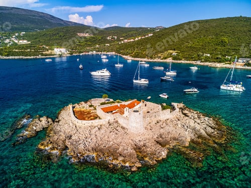 Preview: Aerial view of Mamula fortress on a rocky island in Montenegro