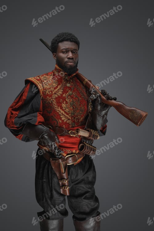 Preview: Black military man from 18th century with flintlock rifle