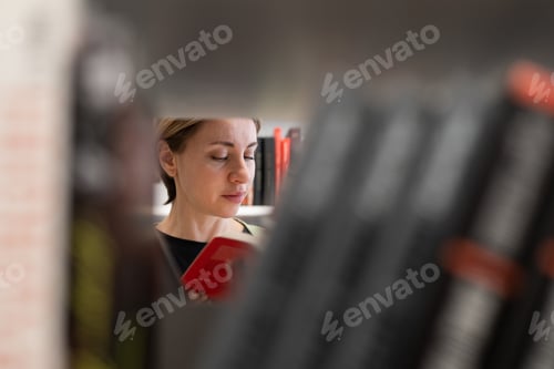 Preview: Scandinavian middle-aged woman choosing textbook, looking for literature while preparing for exam