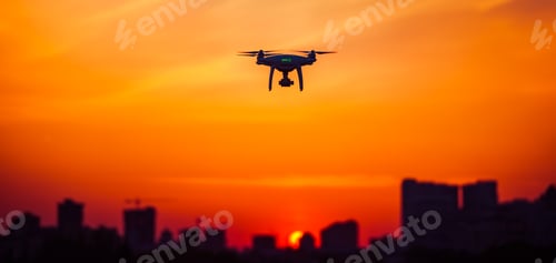 Preview: Modern Remote Control Air Drone Fly high with action camera in sunset sky