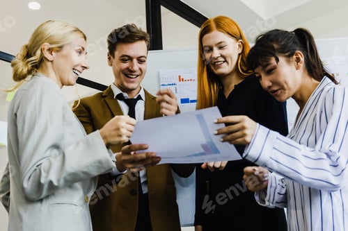 Preview: Confident business people work cooperate with diverse team at office briefing