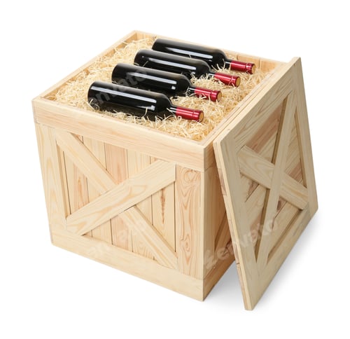 Preview: Bottles of wine in open wooden crate isolated on white