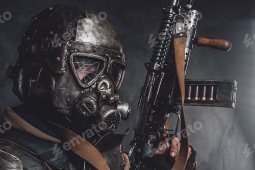 Preview: Armoured apocalyptic stalker's headshot in dark background