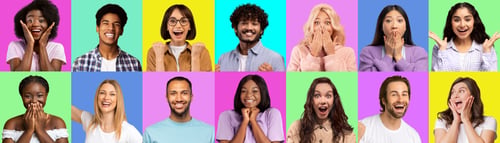 Preview: Mosaic of multicultural millennials grimacing on diverse backgrounds, collage