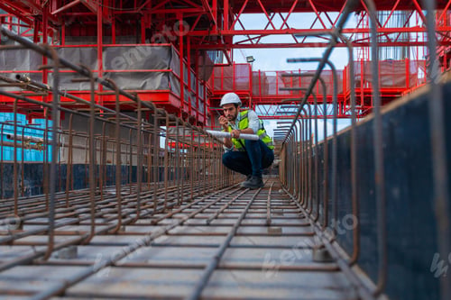 Preview: architect engineer designing a structure holding tablet, walkie talkie, drawing