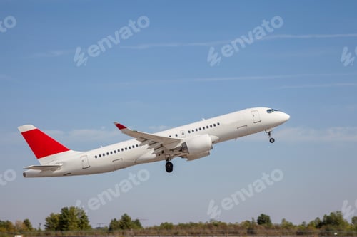 Preview: White plane flies in the sky blue background. Passenger airplane. Travel by air transport. Flying.