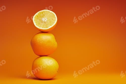 Preview: close-up view of whole and sliced oranges on orange background