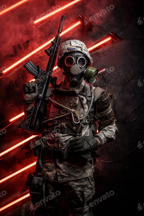 Preview: Army man in apocalyptic style against red background with neon