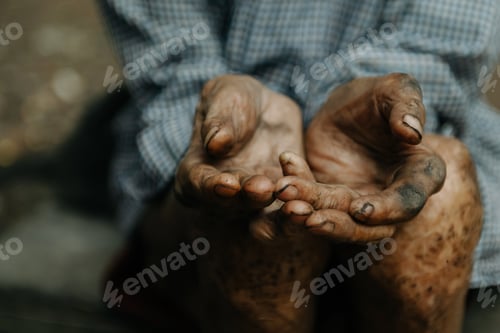 Preview: Close up of male wrinkled hands, old man is wearing skin disease and anxiety Copy space.