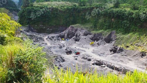 Preview: Beautiful shot of sand mining in the area of Mount Merapi, Kaliurang, Yogyakarta